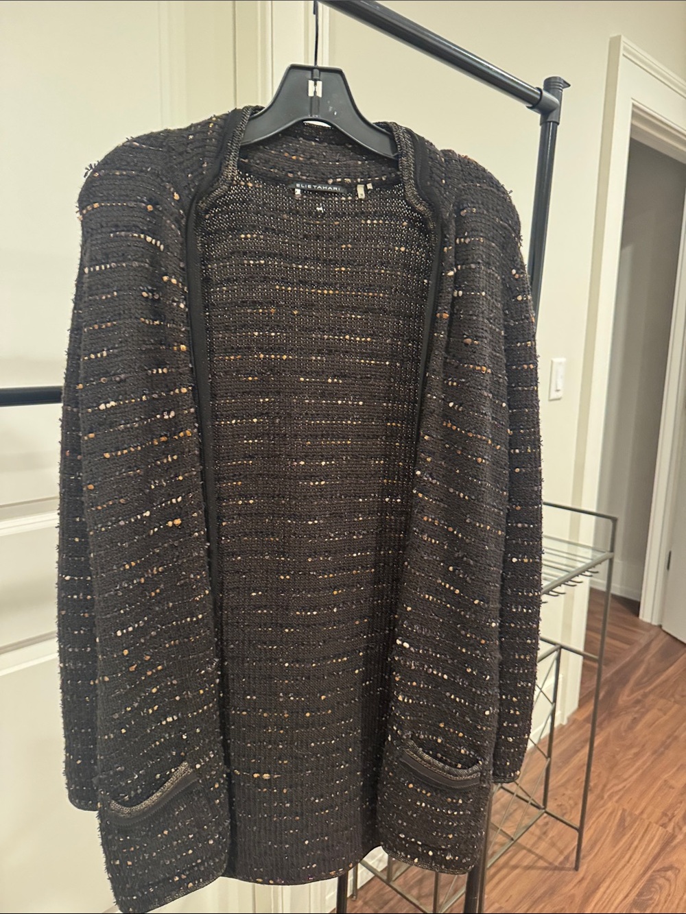 Elie Tahari Black Tweed Open-Front Cardigan with Gold Flecks